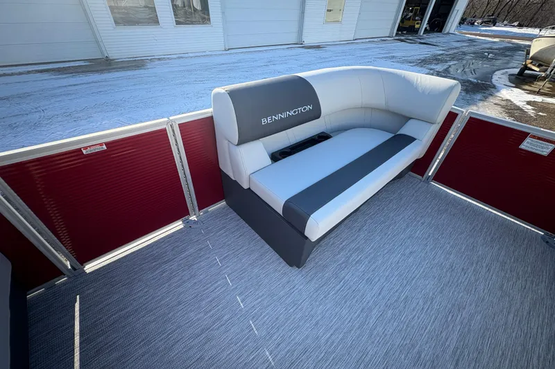 Slide: The Image of 2026 Bennington 20 SL pontoon boat interior with gray and white seating. - 9