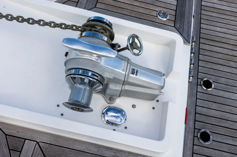 Slide: The Image of Anchor windlass on 2006 Grand Banks 59 Aleutian RP yacht deck. - 33