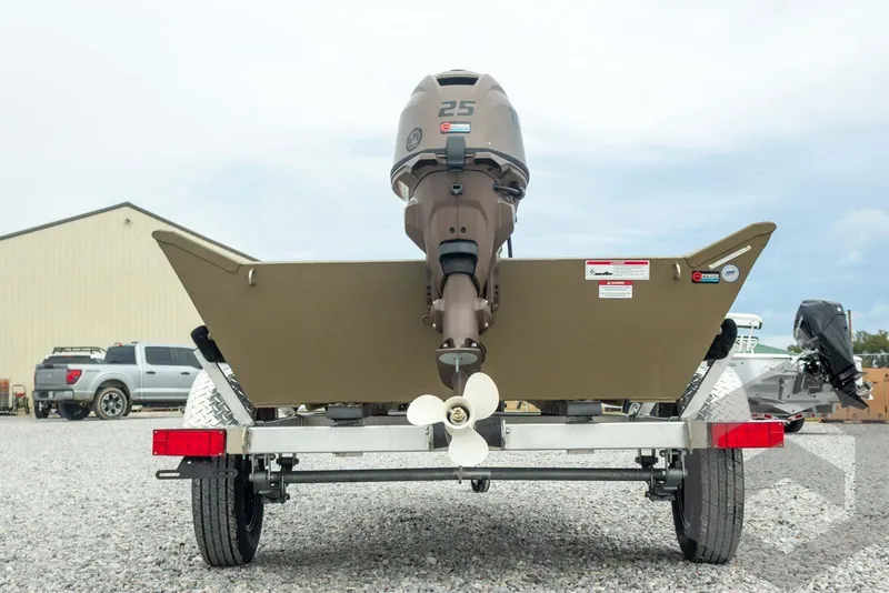 Slide: The Image of 2026 G3 Gator Tough 1548 VBW boat on trailer, rear view with motor. - 12