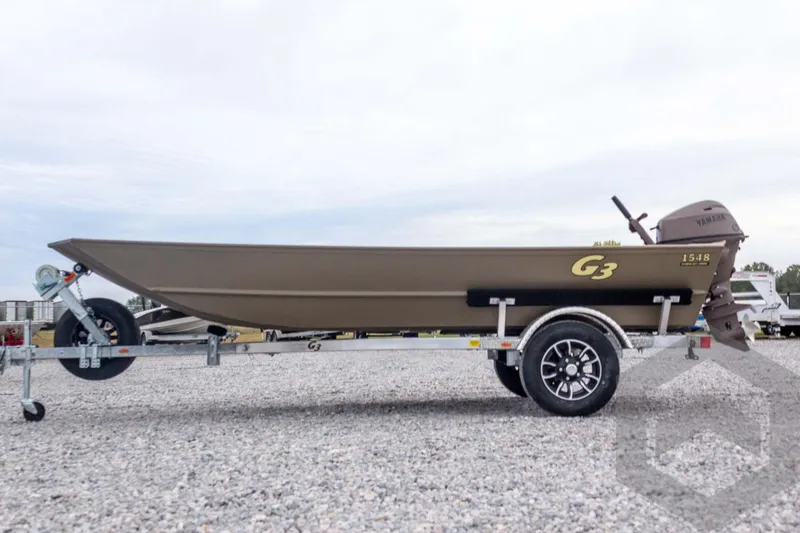 Slide: The Image of 2026 G3 Gator Tough 1548 VBW boat on trailer, side view. - 14