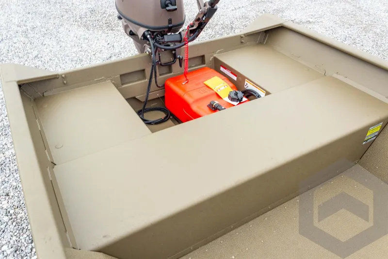 Slide: The Image of 2026 G3 Gator Tough 1548 VBW boat with motor and fuel tank on gravel. - 20