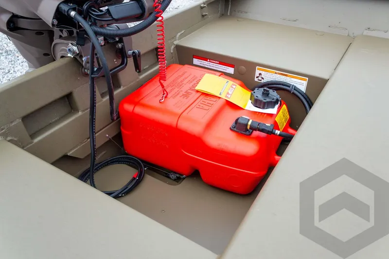 Slide: The Image of Red fuel tank in 2026 G3 Gator Tough 1548 VBW boat's storage compartment. - 21