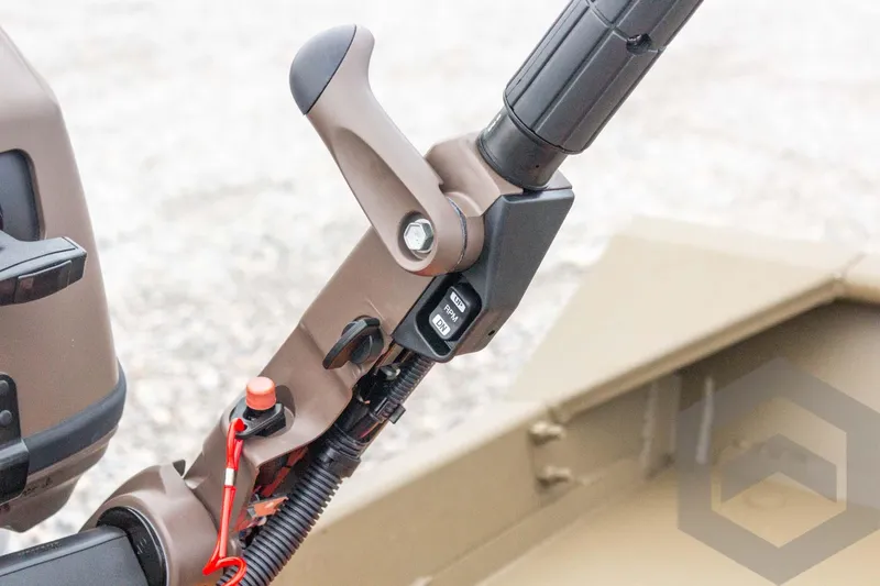 Slide: The Image of Close-up of 2026 G3 Gator Tough 1548 VBW boat control handle and throttle. - 22