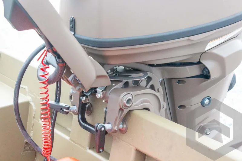 Slide: The Image of Close-up of 2026 G3 Gator Tough 1548 VBW boat motor mount and control cables. - 23