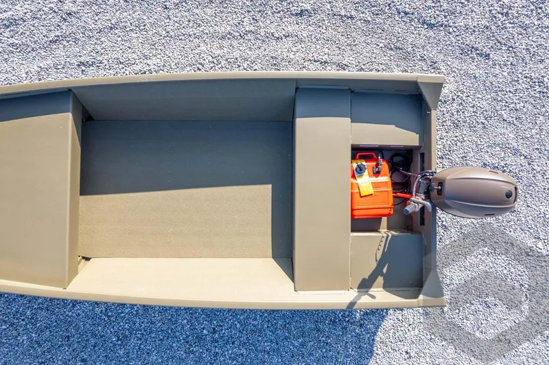 Slide: The Image of 2026 G3 Gator Tough 1548 VBW boat, aerial view, gravel background, outboard motor visible. - 26