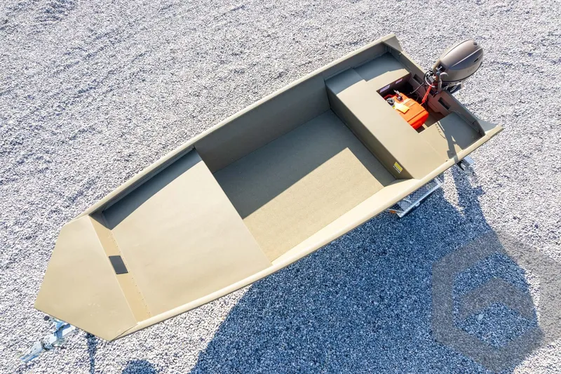 Slide: The Image of 2026 G3 Gator Tough 1548 VBW boat on gravel surface, top view. - 27