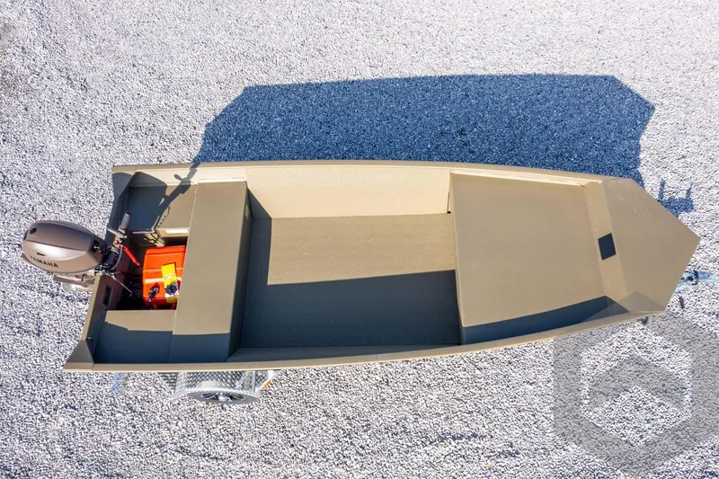 Slide: The Image of 2026 G3 Gator Tough 1548 VBW boat, aerial view on gravel surface. - 32