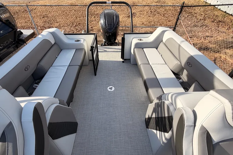 Slide: The Image of 2026 Veranda Vista Sport VS 25 RC pontoon boat interior with gray seating and modern design. - 10