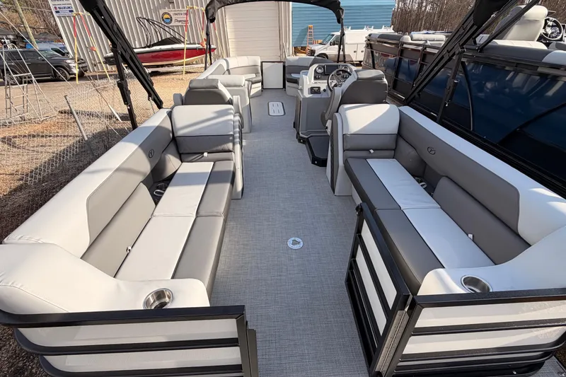 Slide: The Image of 2026 Veranda Vista Sport VS 25 RC pontoon boat interior with spacious seating. - 14