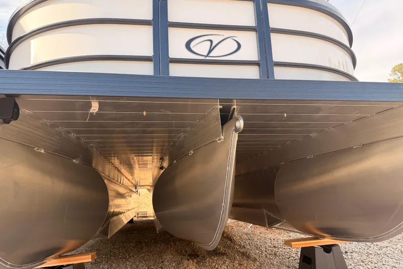 Slide: The Image of 2026 Veranda Vista Sport VS 25 RC pontoon boat, underbody view, showcasing sleek design. - 3
