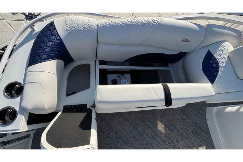 Slide: The Image of Luxurious seating on 2026 JC Sporttoon 26TT boat with quilted upholstery and storage. - 56