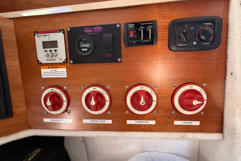 Slide: The Image of Control panel of a 2015 Cutwater 28 boat with labeled switches and meters. - 28