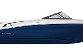 Slide: The Image of 2026 Bayliner VR6 Bowrider OB, sleek blue and white design, side view. - 34