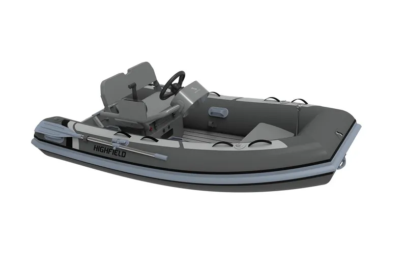 Slide: The Image of Manufacturer Provided Image: 2025 Highfield Classic 310 inflatable boat, gray with steering console and seating. - 2