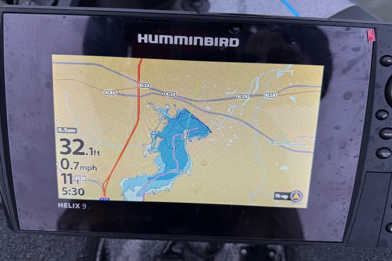 Slide: The Image of Humminbird Helix 9 GPS displaying a map with depth and speed data on a Blazer 625 Pro Elite. - 62