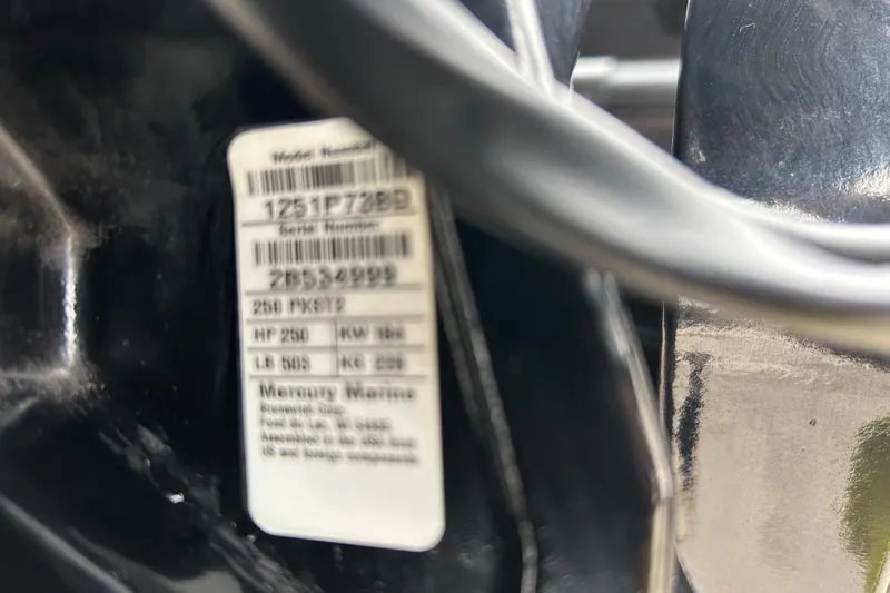 Slide: The Image of Label on Mercury Marine engine, model 250 PX872, 250 HP, for Blazer 625 Pro Elite. - 68