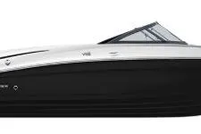Slide: The Image of 2025 Bayliner VR6 Bowrider OB, sleek black and white design, side view. - 24