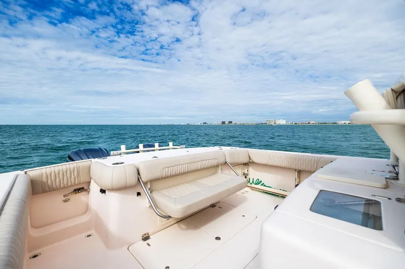 Slide: The Image of 2014 Grady-White Canyon 336 boat interior with ocean view and clear sky. - 11