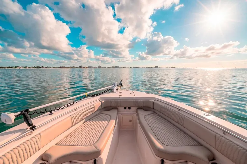 Slide: The Image of 2014 Grady-White Canyon 336 boat on serene water under a sunny sky. - 27
