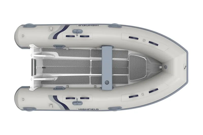 Slide: The Image of Manufacturer Provided Image: 2025 Highfield Ultralite 340 inflatable boat, top view, gray and blue design. - 1