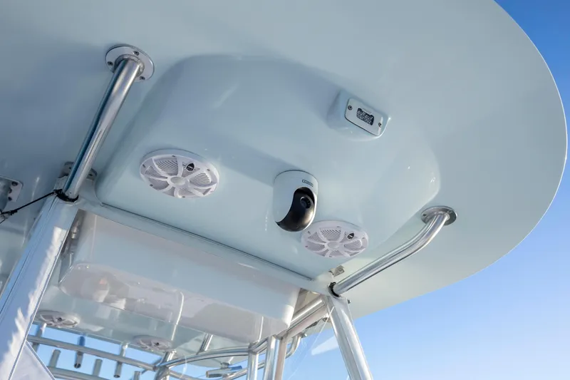 Slide: The Image of 2024 Onslow Bay 33 TE boat with speakers and camera on the T-top. - 19