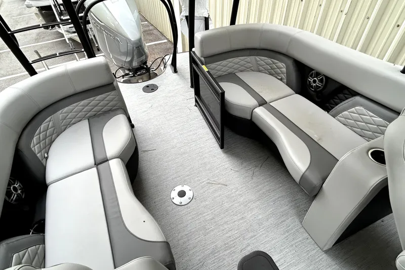 Slide: The Image of 2026 Godfrey Monaco 255 SDC interior with luxurious gray seating and modern design. - 12