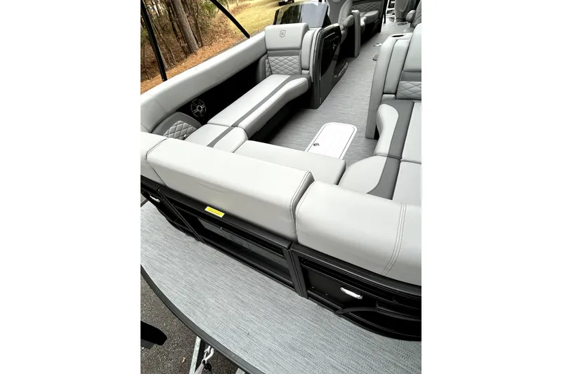 Slide: The Image of Luxurious interior of 2026 Godfrey Monaco 255 SDC pontoon boat with plush seating. - 15