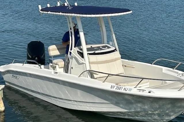 The Image of 2023 Whaler 220 Dauntless boat with blue canopy on calm water. - 1