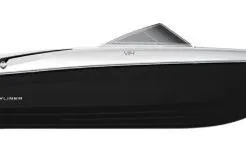 Slide: The Image of 2026 Bayliner VR4 Bowrider OB, sleek black and white design, side view. - 22
