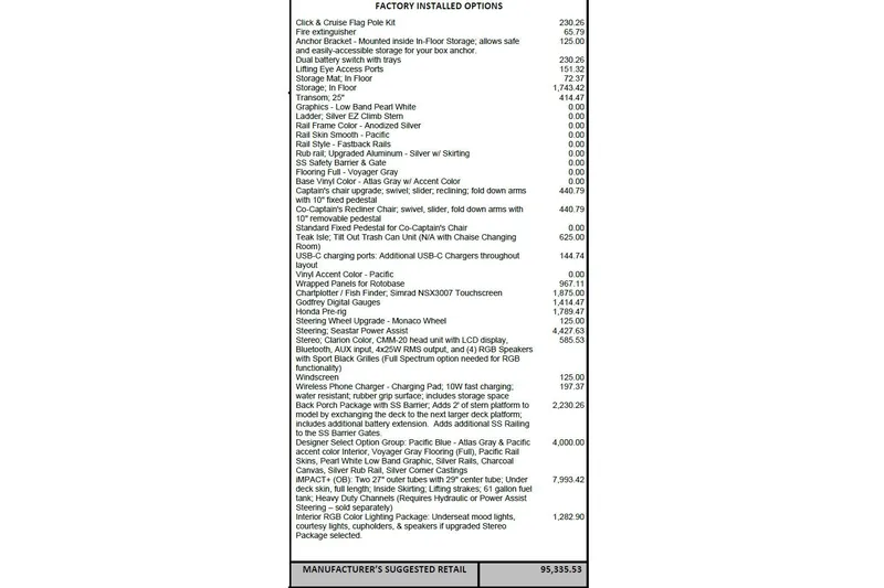 Slide: The Image of Factory installed options list for 2026 Godfrey Sweetwater 2286 SFLC, MSRP $95,335.53. - 14