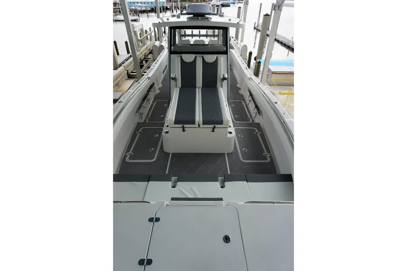 Slide: The Image of 2023 Insetta 35IFC boat interior with sleek seating and modern design. - 20