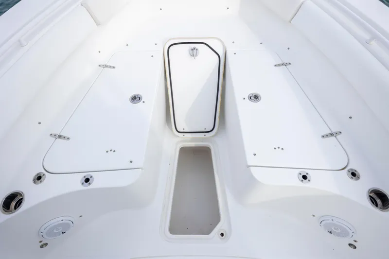 Slide: The Image of 2018 Sea Hunt Ultra 255 SE boat interior with storage compartments and speakers. - 18