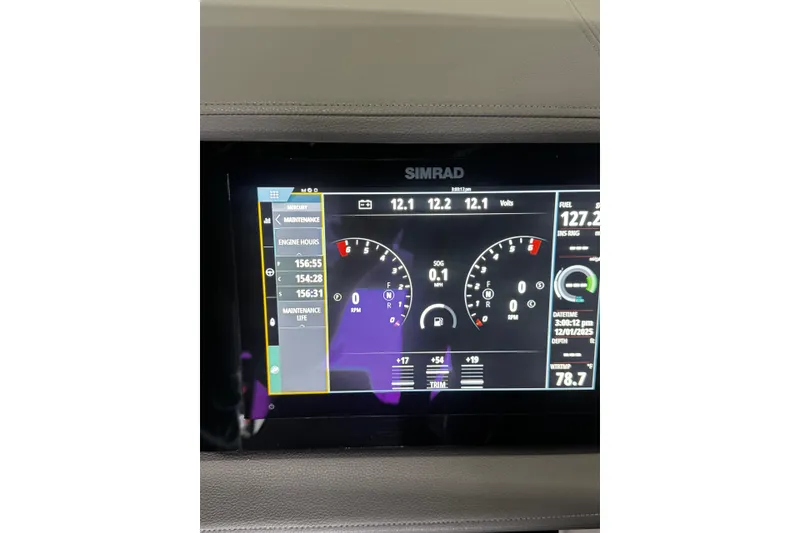 Slide: The Image of Simrad display on 2022 Sea Ray Sundancer 320 Outboard showing engine metrics and maintenance data. - 17