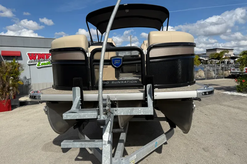 Slide: The Image of 2024 Premier Sunspree pontoon boat on trailer, outdoor dealership display. - 3