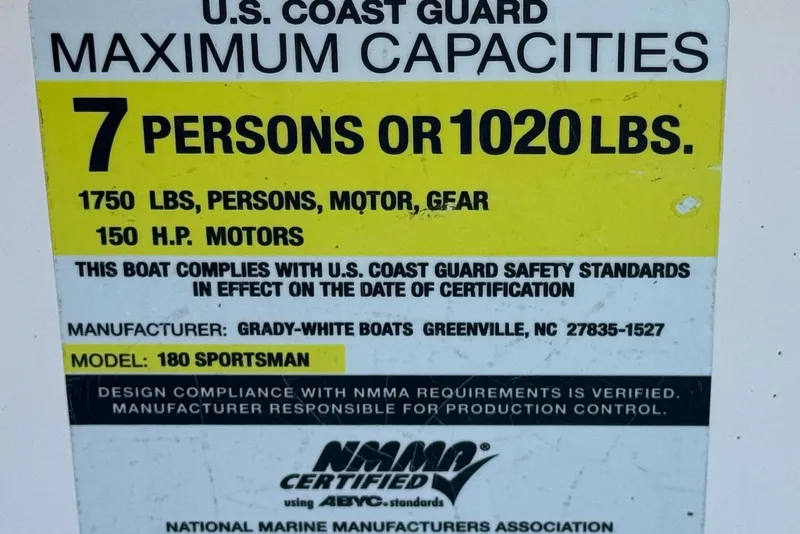 Slide: The Image of 2008 Grady-White Sportsman 180 capacity label, 7 persons or 1020 lbs, 150 HP motor. - 24