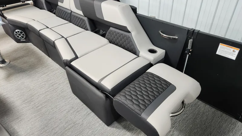 Slide: The Image of The 2026 Sylvan L3 SLZ features a stylish, cushioned bench with modern, two-tone upholstery. - 17