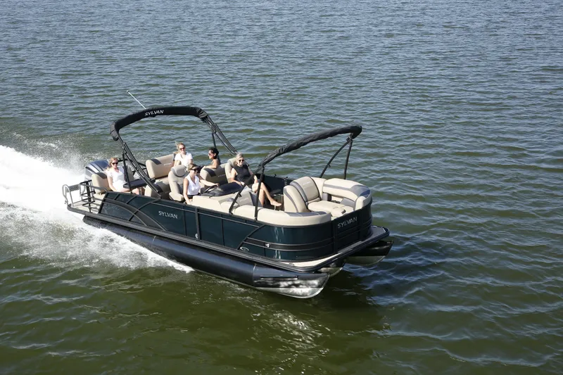 Slide: The Image of Sylvan L-3 RLZ 2026 pontoon boat on water with passengers. - 2