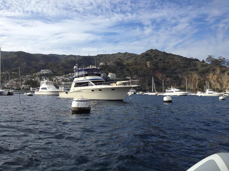 Slide: The Image of 1987 Californian 48 Convertible yacht anchored in a scenic bay with hills in the background. - 2