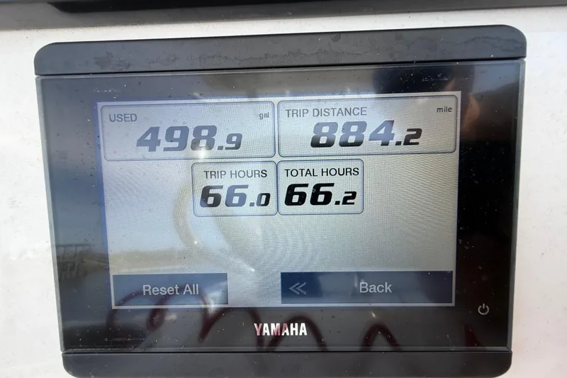 Slide: The Image of Yamaha display showing fuel usage, trip distance, and hours for 2025 Sea Fox 248 Commander. - 14