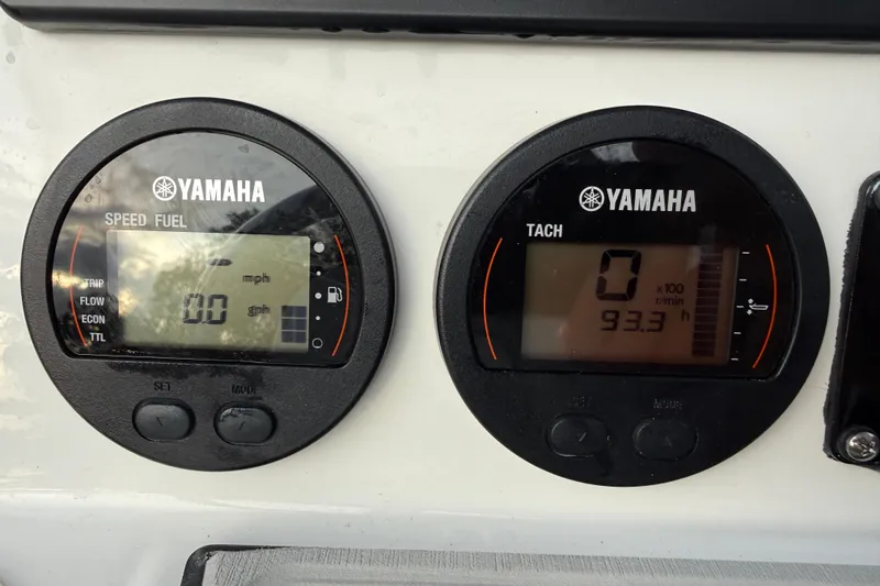 Slide: The Image of Yamaha speed and tachometer gauges on 2021 Sea Fox 228 Commander boat dashboard. - 16