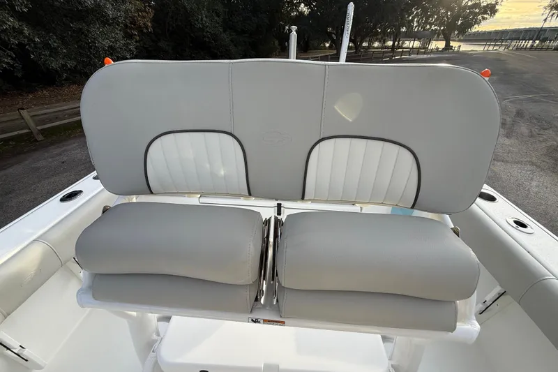 Slide: The Image of 2021 Sea Fox 228 Commander boat seating with gray cushions and white accents. - 22