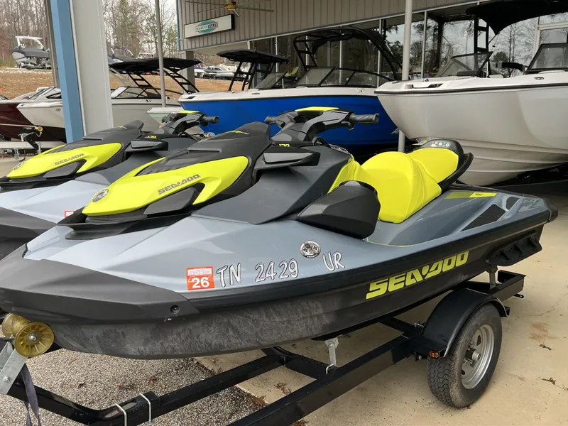 Slide: The Image of 2021 Sea-Doo Gti Se 170 Snd on trailer, yellow-gray design. - 9