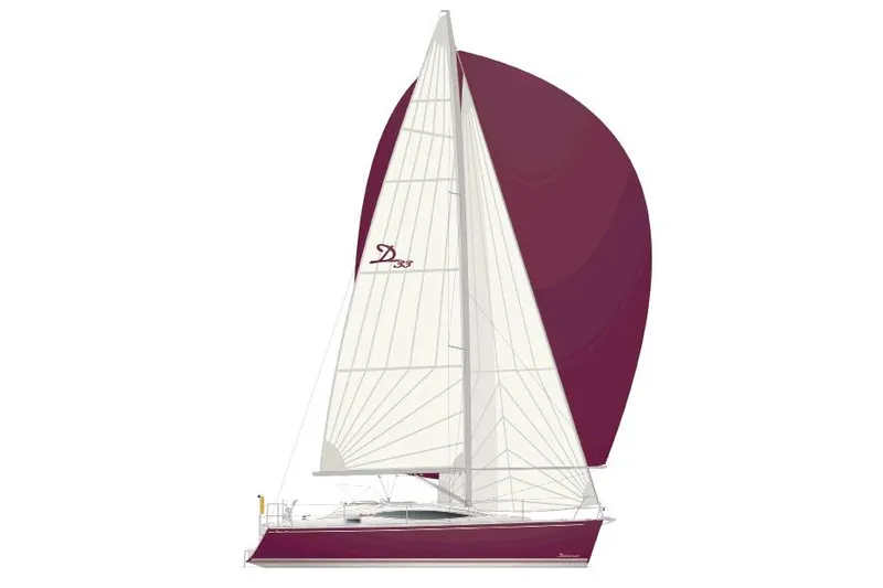 Slide: The Image of 2007 Delphia 33 Sloop sailboat with white sails and maroon spinnaker. - 11