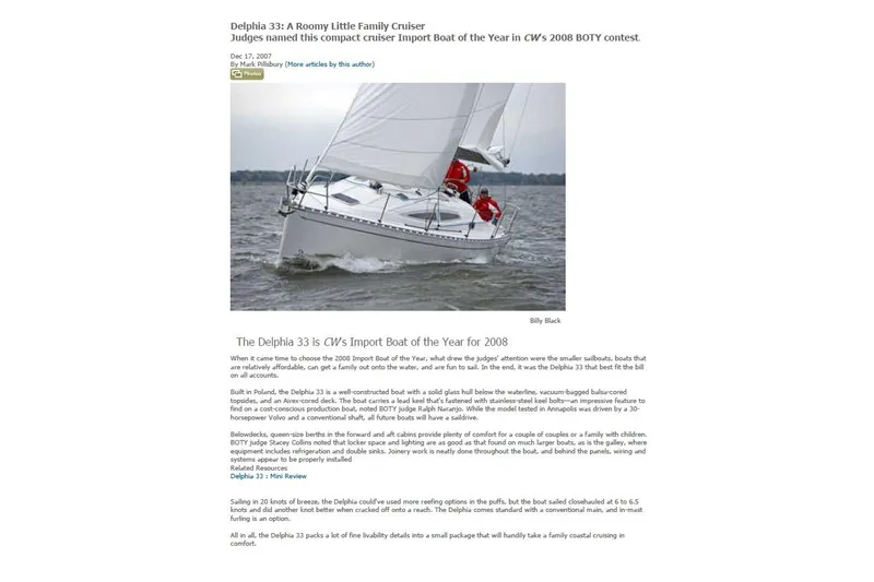 Slide: The Image of Sailing Delphia 33 Sloop, 2007 model, cruising on water with crew in red jackets. - 113