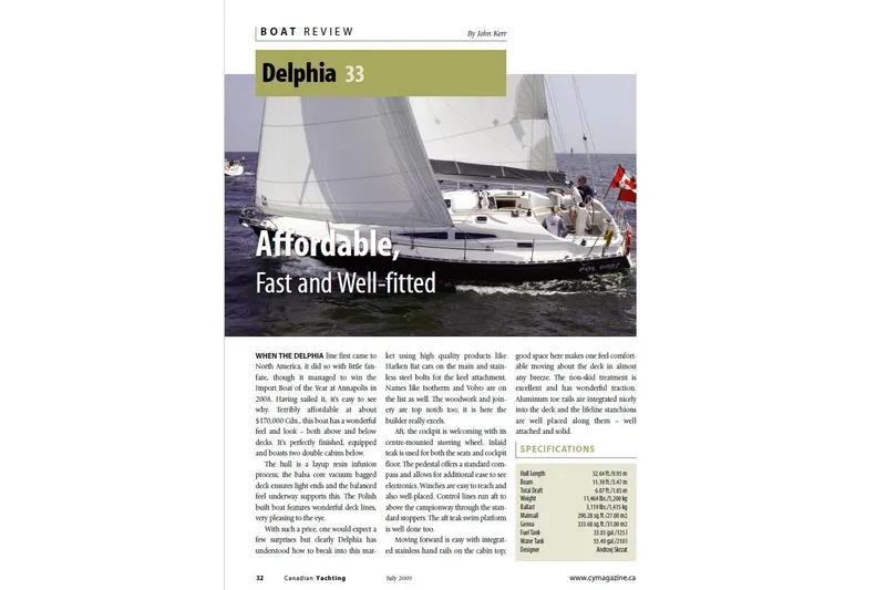 Slide: The Image of Boat review article featuring the 2007 Delphia 33 Sloop, highlighting affordability and features. - 114