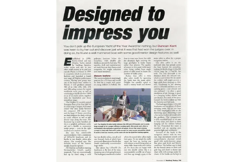 Slide: The Image of 2007 Delphia 33 Sloop review article highlighting design and interior features. - 116