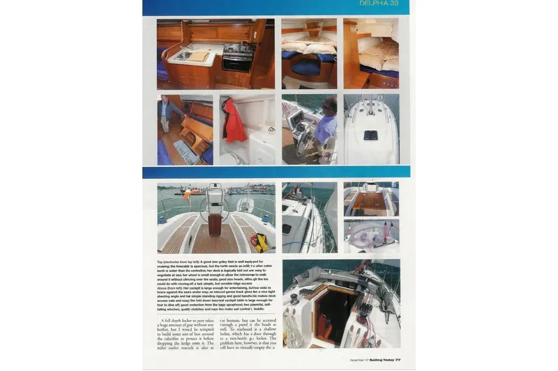 Slide: The Image of 2007 Delphia 33 Sloop interior and exterior views, showcasing cabin, deck, and cockpit features. - 118