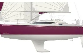 Slide: The Image of 2007 Delphia 33 Sloop sailboat with maroon hull and white sails. - 12