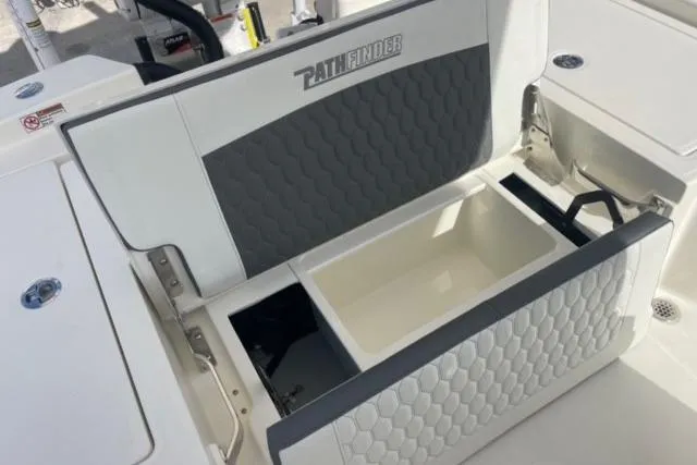 Slide: The Image of 2026 Pathfinder 2600 TRS boat seat with storage compartment, featuring stylish upholstery design. - 29