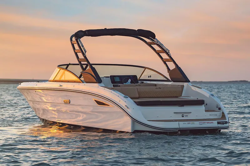 Slide: The Image of Manufacturer Provided Image: 2025 Sea Ray SDX 270 boat on calm water at sunset. - 3